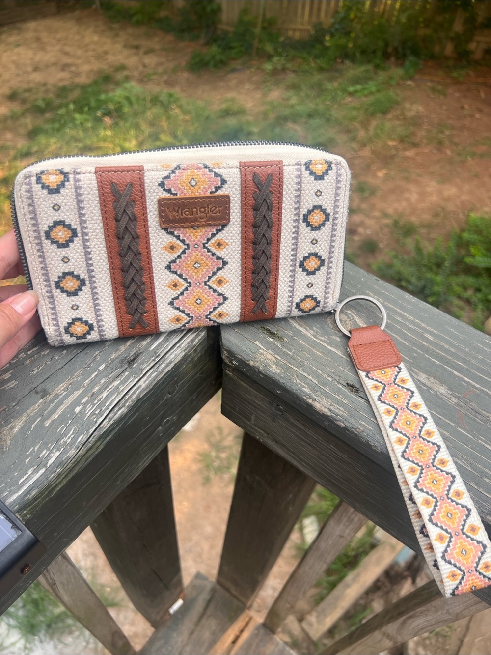 Wrangler Cream and Brown Aztec-Patterned Wristlet Clutch